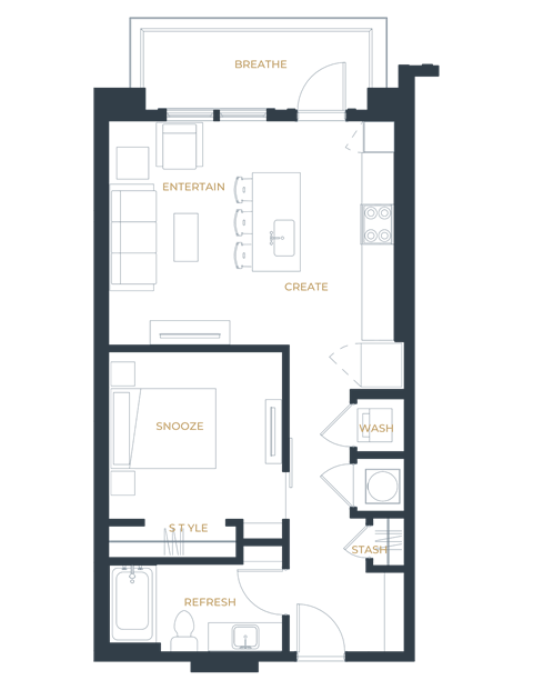Floor plan for 1 bed, 1 bath, 670 sqft